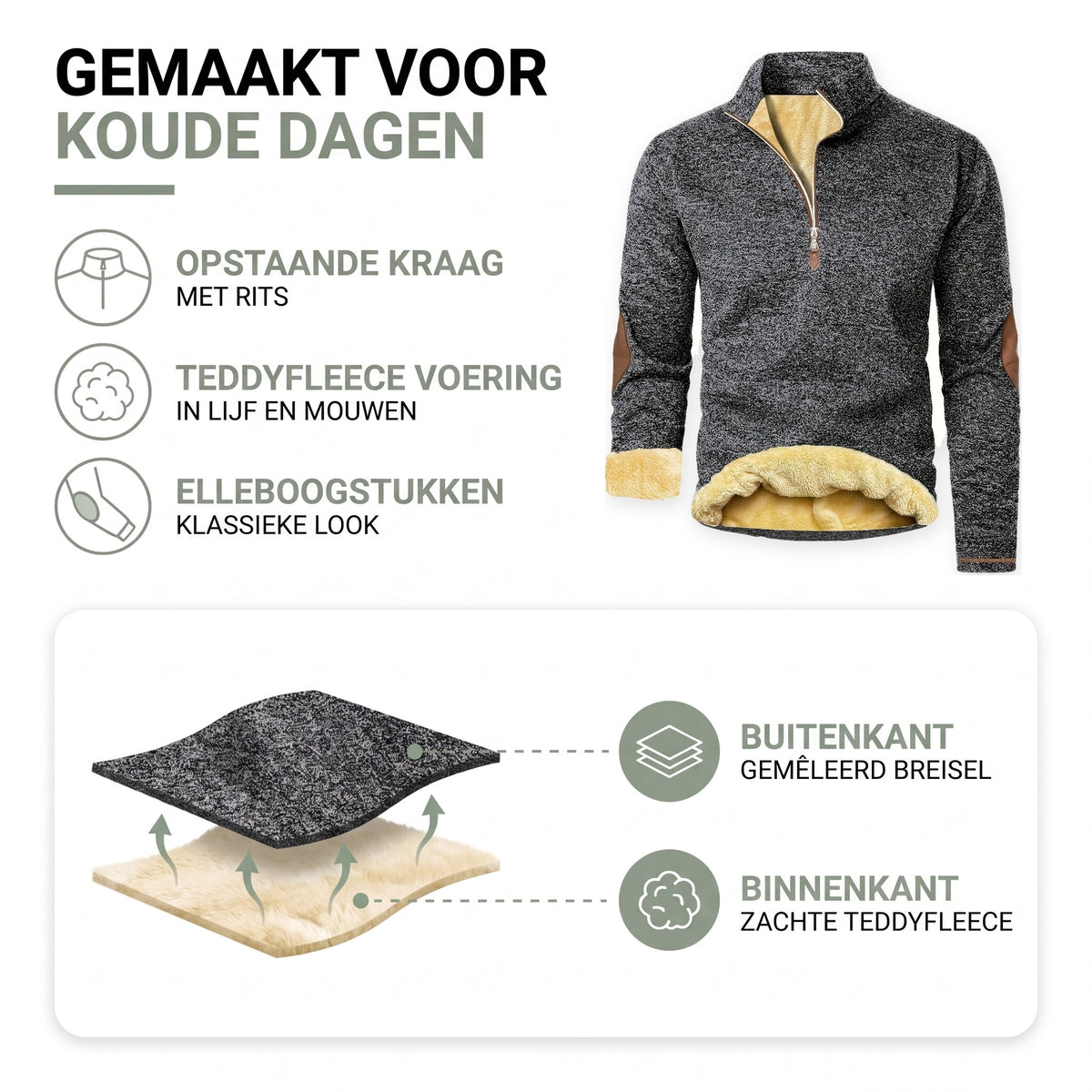 Trui heren opbouw: gemêleerd breisel buiten en zachte teddyfleece voering binnen