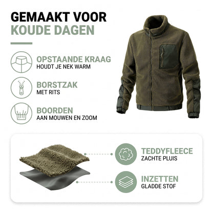 Fleece vest heren opbouw: zachte teddy fleece en gladde stofinzetten aan mouwen en zoom