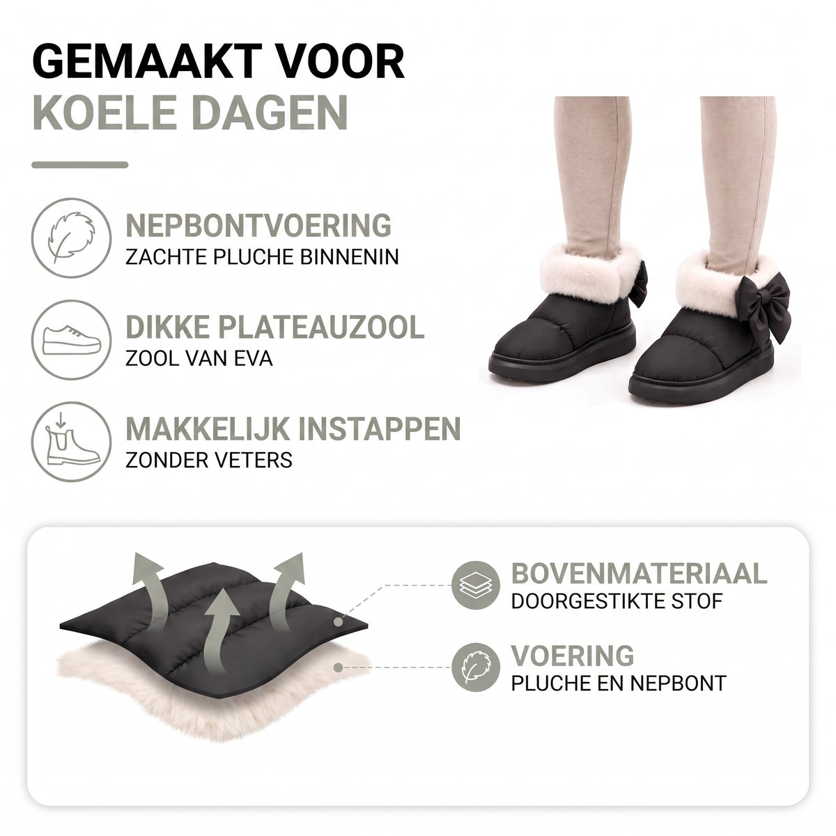 Gevoerde winterlaarzen dames – doorgestikte stof buiten, pluche en nepbont binnen