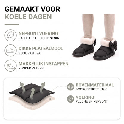 Gevoerde winterlaarzen dames – doorgestikte stof buiten, pluche en nepbont binnen