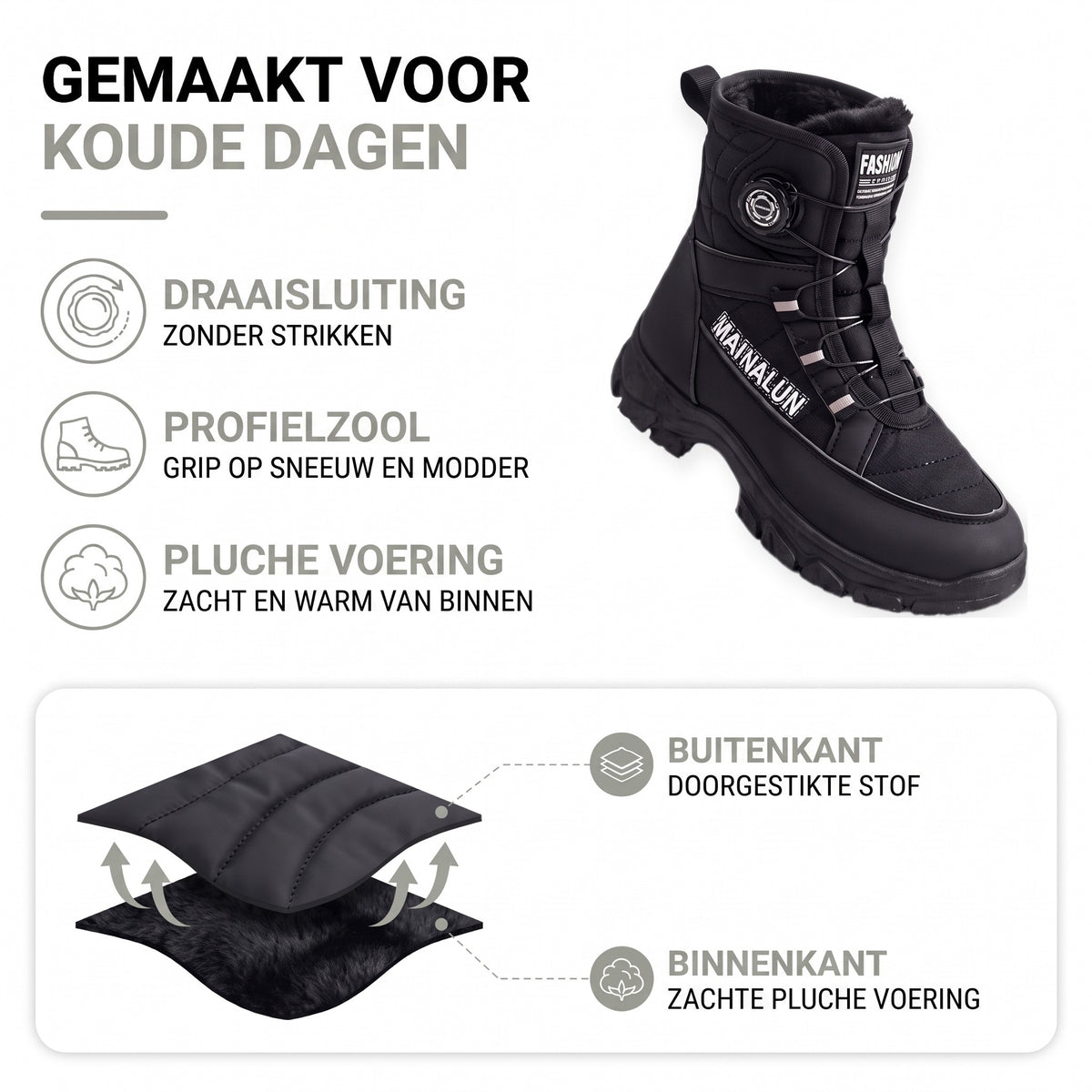 Snowboots dames gevoerd: draaisluiting, profielzool, doorgestikte stof en pluche voering in opbouw