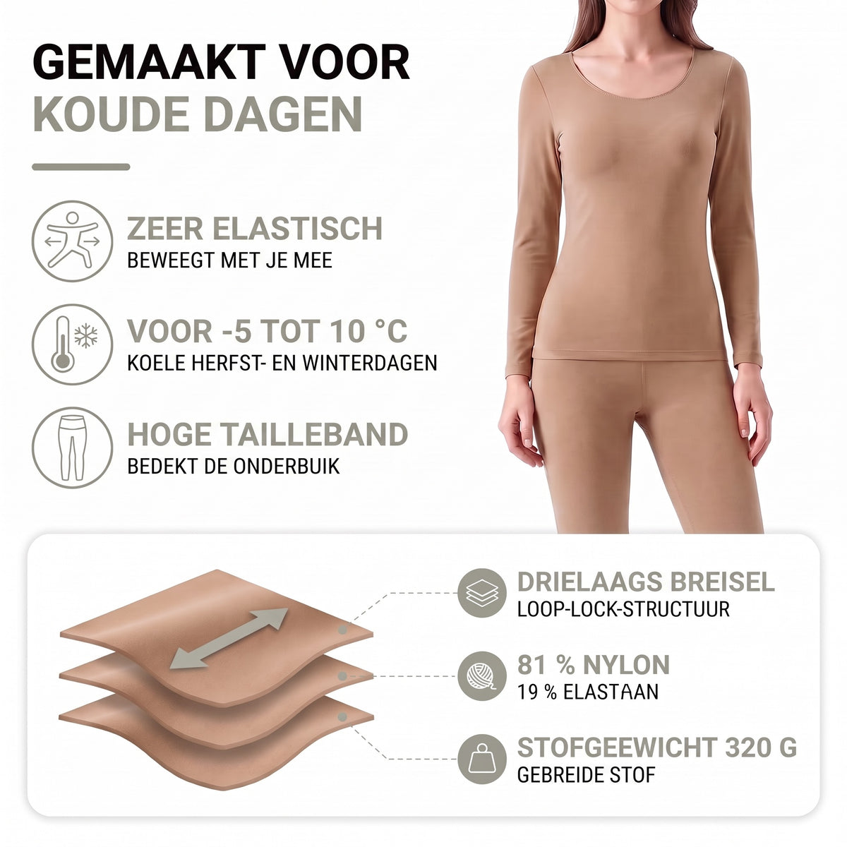 Thermo ondergoed dames – opbouw: drielaags loop-lock-breisel, 81 % nylon, 19 % elastaan, hoge tailleband