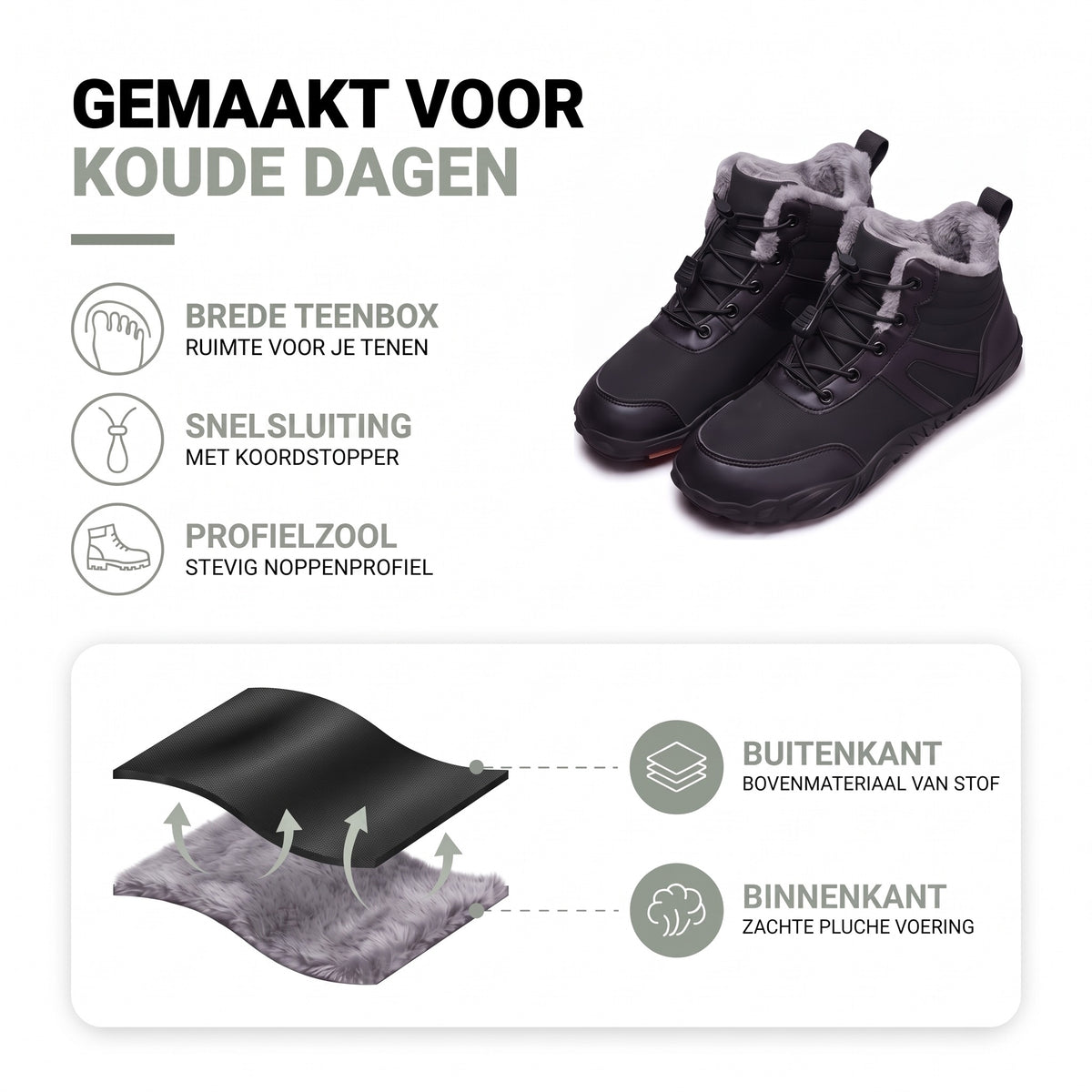 Snowboots dames: brede teenbox, snelsluiting, profielzool, bovenmateriaal van stof en pluche voering