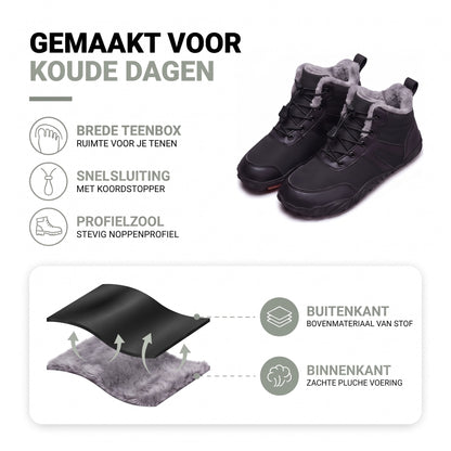 Snowboots dames: brede teenbox, snelsluiting, profielzool, bovenmateriaal van stof en pluche voering