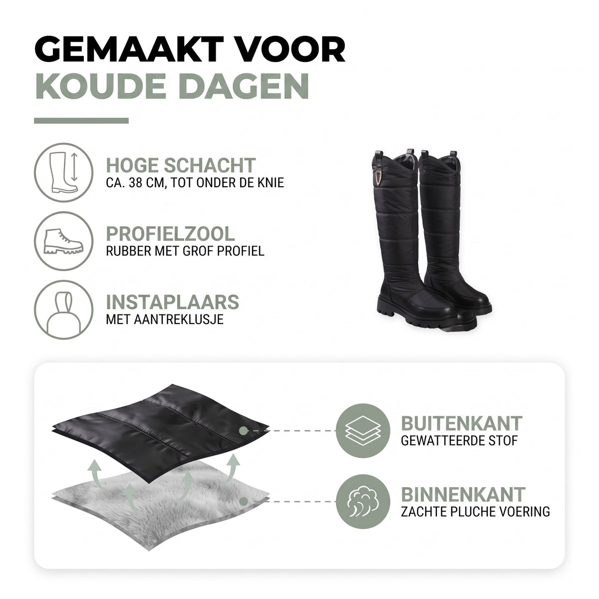 Snowboots dames gevoerd: hoge schacht, profielzool, instaplaars met aantreklusje, gewatteerde stof en pluche voering