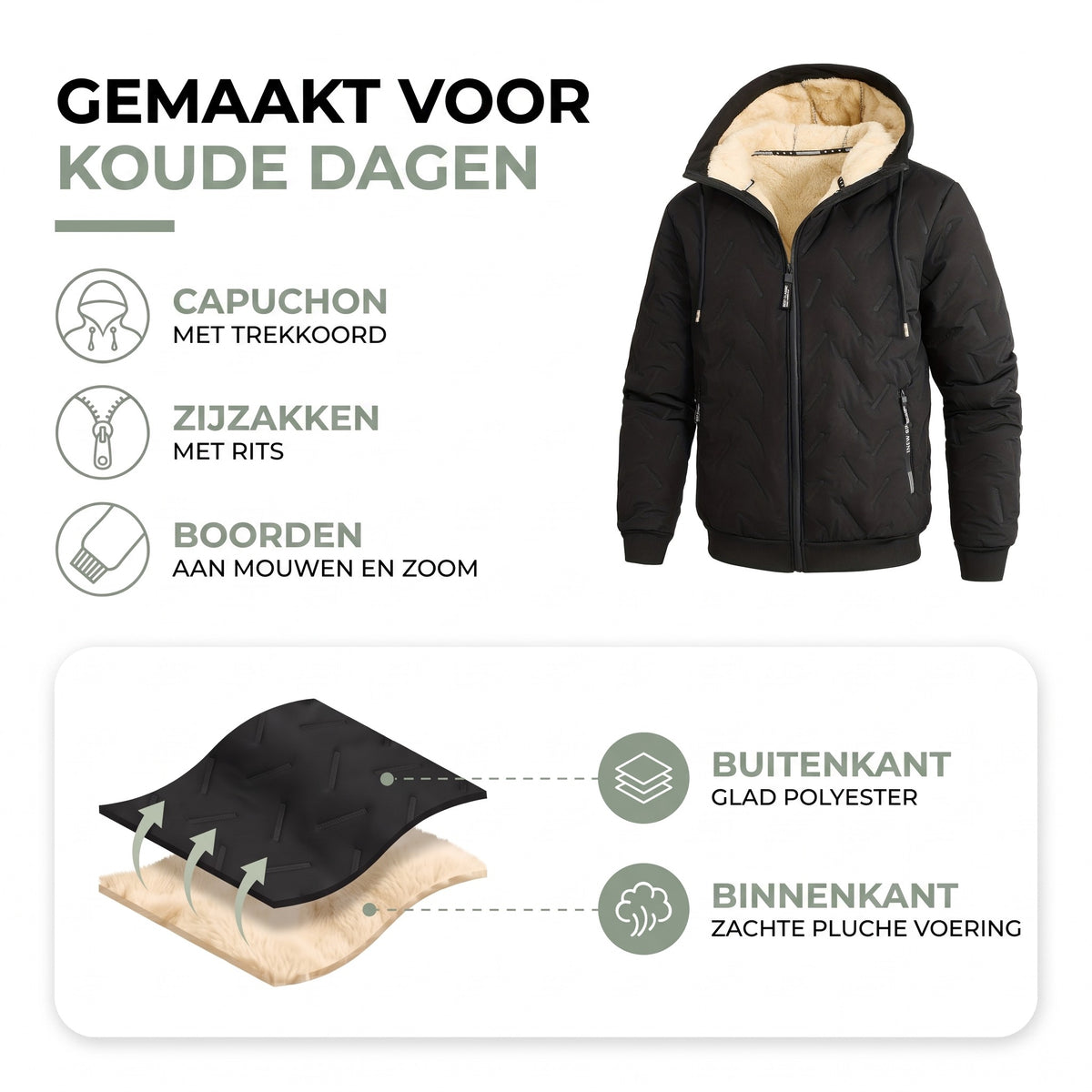 Winterjas heren opbouw: buitenkant glad polyester, binnenkant zachte pluche voering