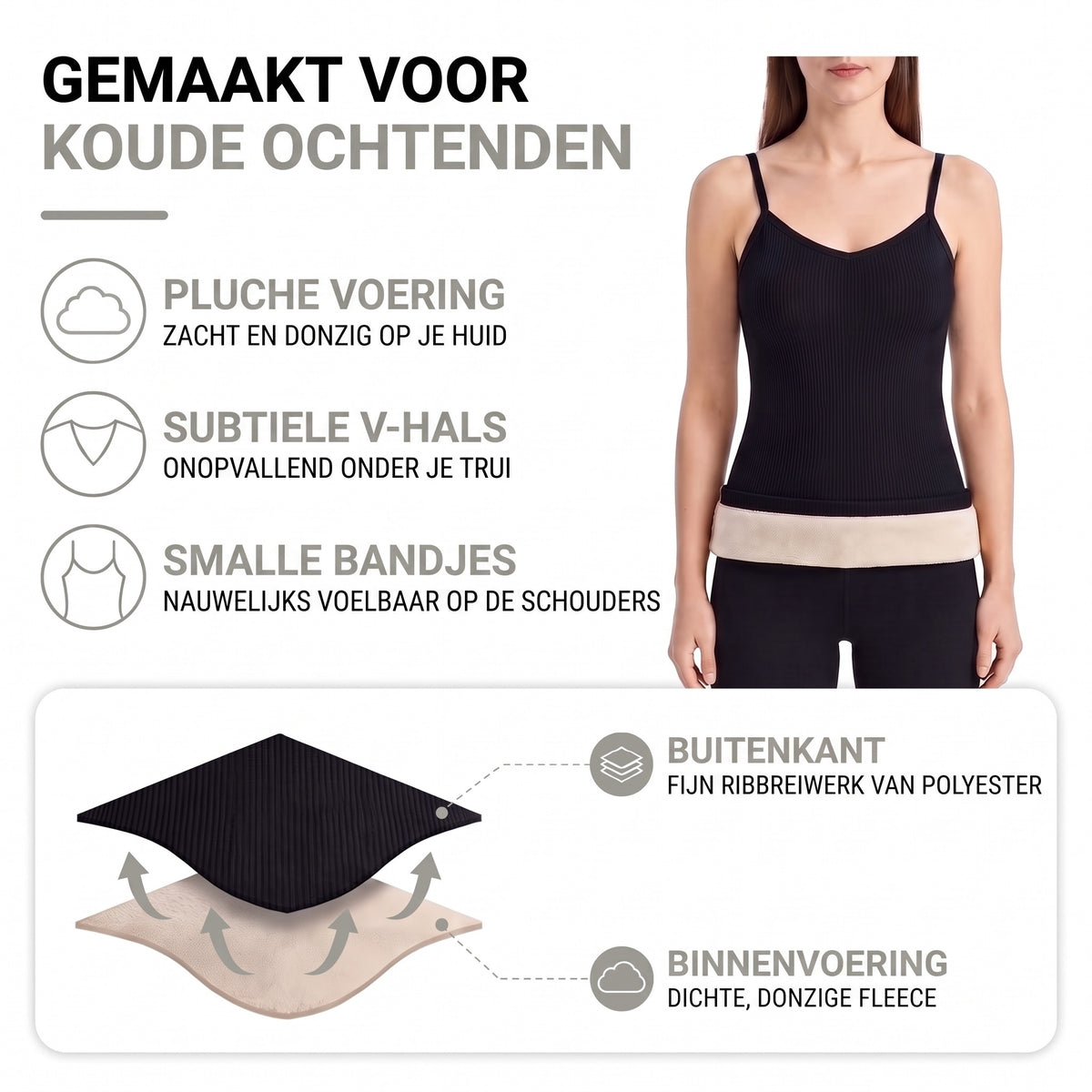 Thermo hemdje dames – opbouw: ribbreiwerk buiten, pluche voering binnen