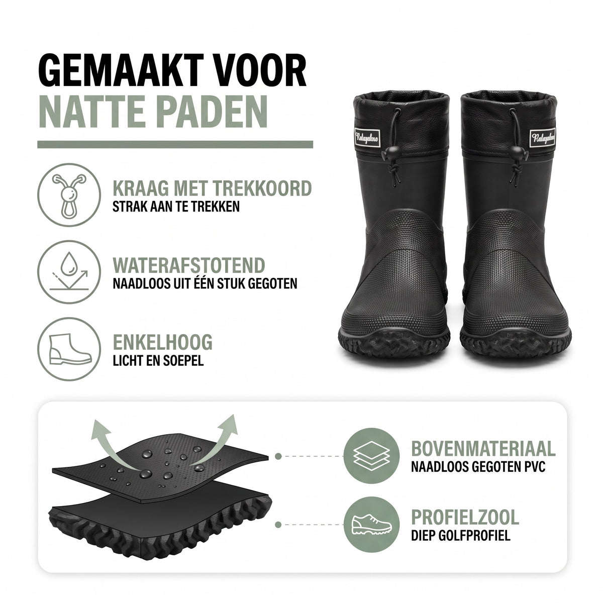 Regenlaarzen kort – materiaal: naadloos gegoten pvc en zool met golfprofiel