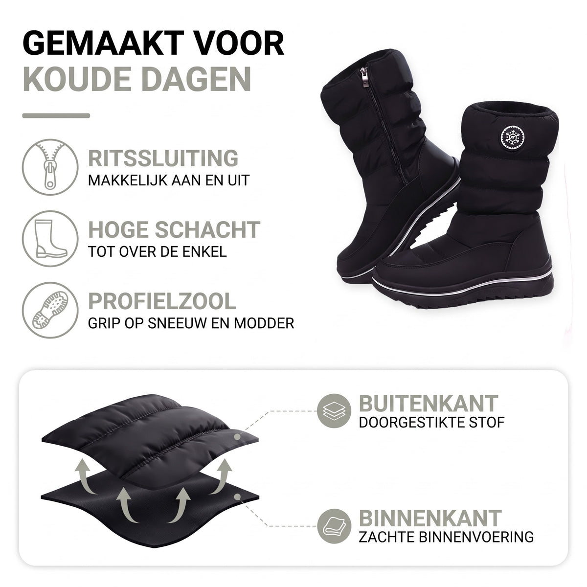 Gevoerde snowboots dames: rits, hoge schacht, profielzool, doorgestikte stof en binnenvoering in opbouw