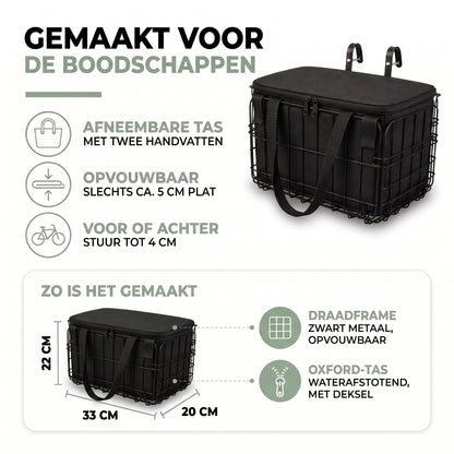 Fietsmand – opbouw: opvouwbaar draadframe en waterafstotende Oxford-tas, 33 × 20 × 22 cm