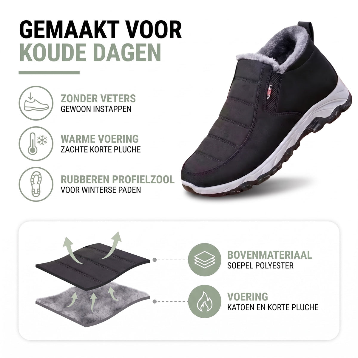 Winterschoenen dames gevoerd – opbouw: soepel polyester en voering van katoen en korte pluche