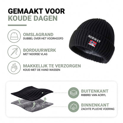 Wintermuts heren: omslagrand, borduurwerk met Noorse vlag, ribbrei van acryl buiten en zachte pluche voering binnen