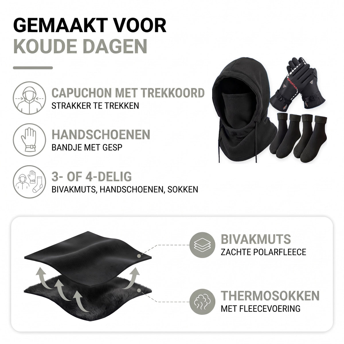 Bivakmuts set opbouw: zachte polarfleece en thermosokken met fleecevoering