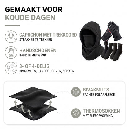 Bivakmuts set opbouw: zachte polarfleece en thermosokken met fleecevoering