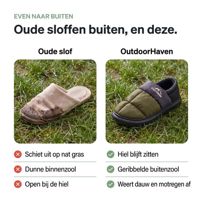 Oude slof op nat gras naast de pantoffel met dichte hiel