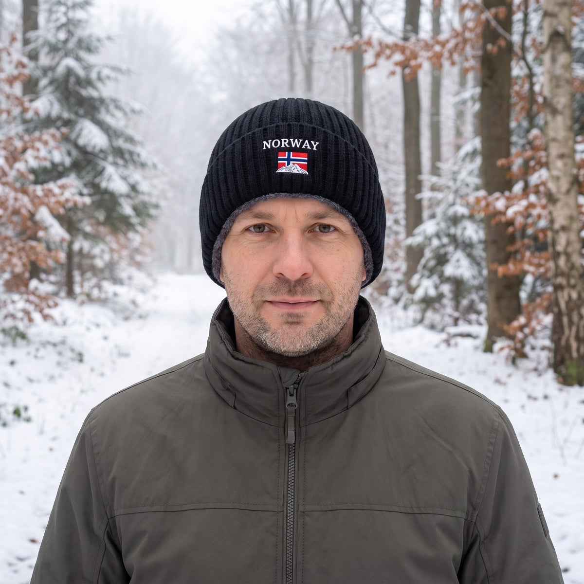 Wintermuts heren in zwart met NORWAY-borduursel, gedragen in een besneeuwd bos