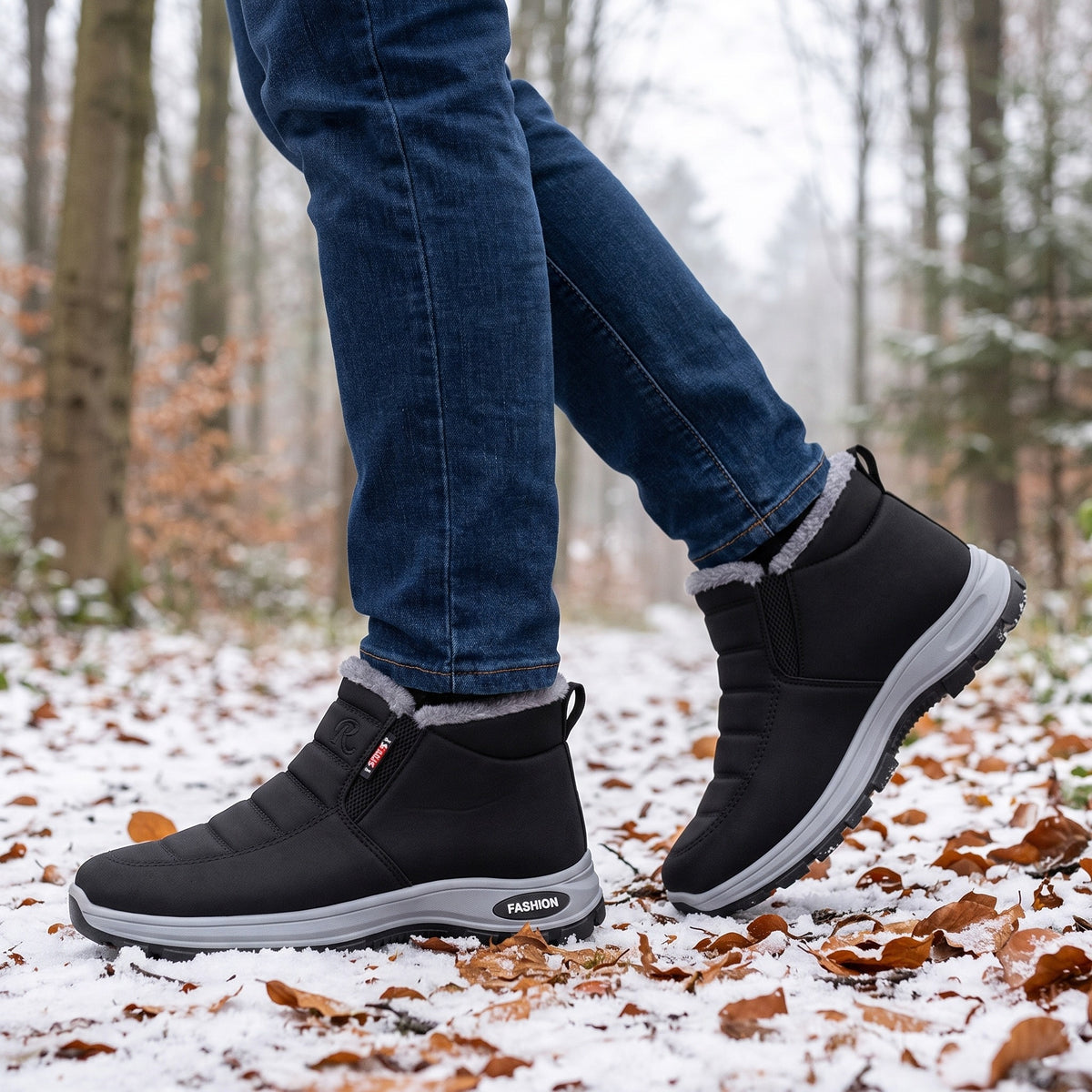 Winterschoenen dames & heren met pluche voering tijdens een wandeling op een besneeuwd bospad