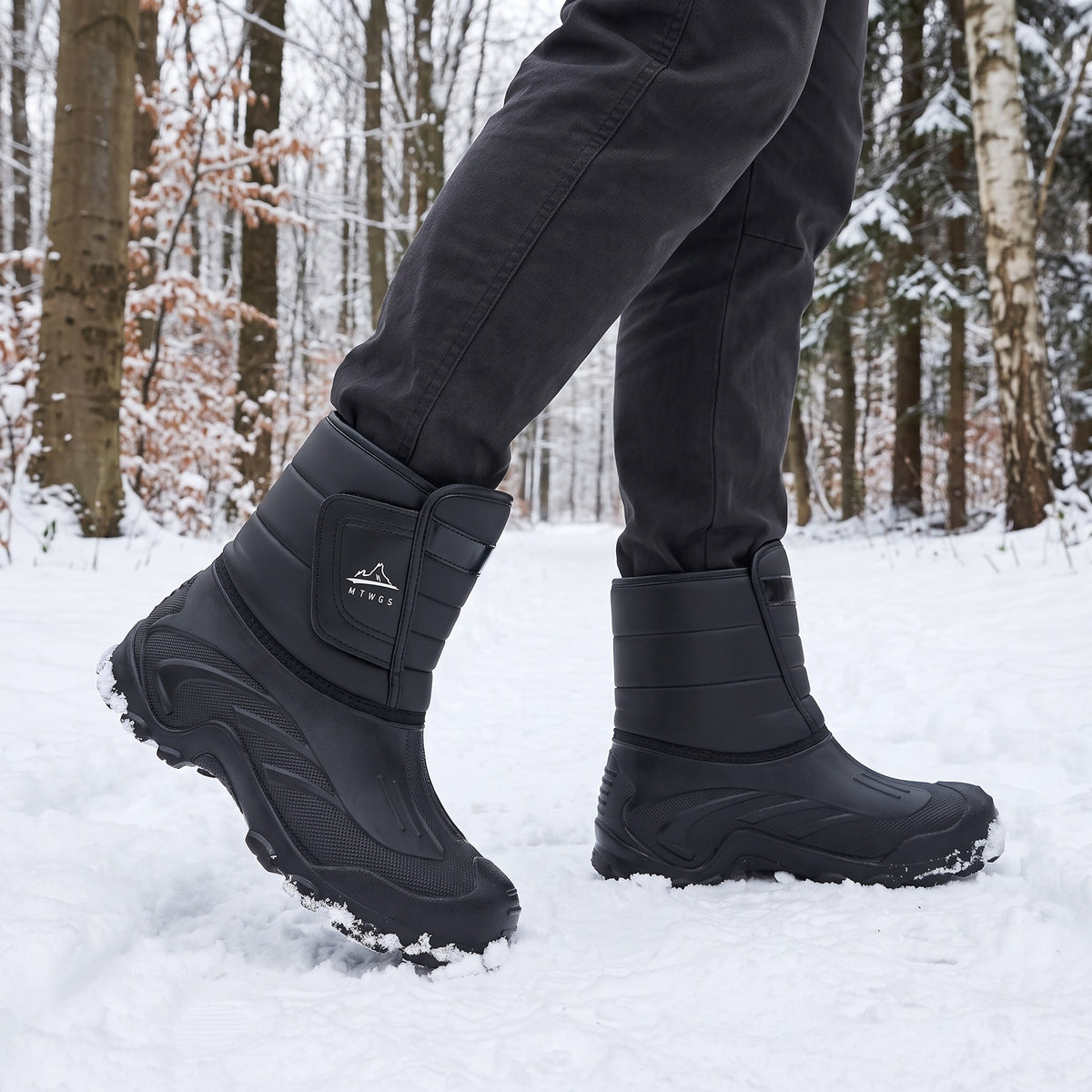 Snowboots heren in zwart tijdens een wandeling over een besneeuwd bospad