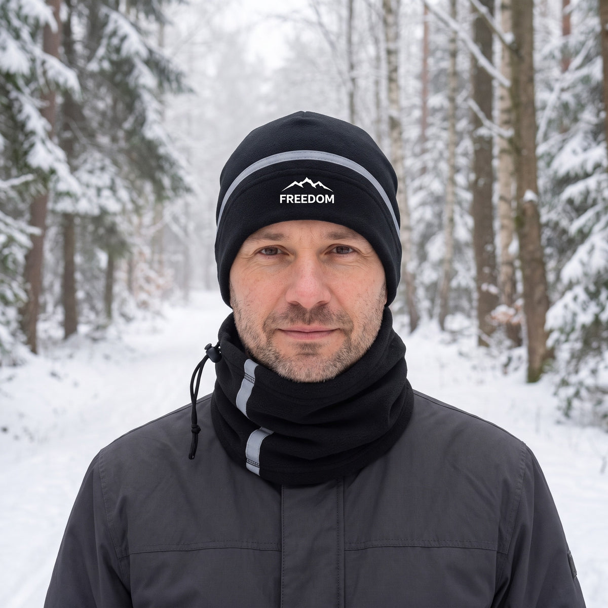 Nekwarmer en muts set in zwart, gedragen in een besneeuwd winterbos