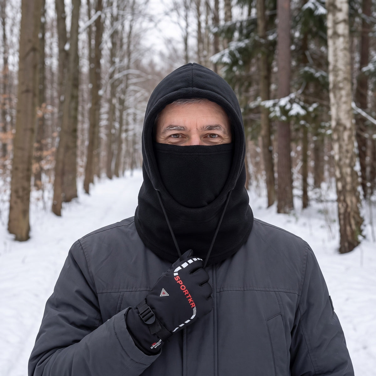 Bivakmuts van zwarte fleece met handschoenen, gedragen tijdens een winterwandeling in het besneeuwde bos