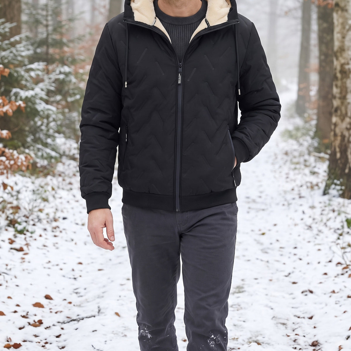 Winterjas heren in zwart met capuchon, gedragen tijdens een wandeling in het besneeuwde bos