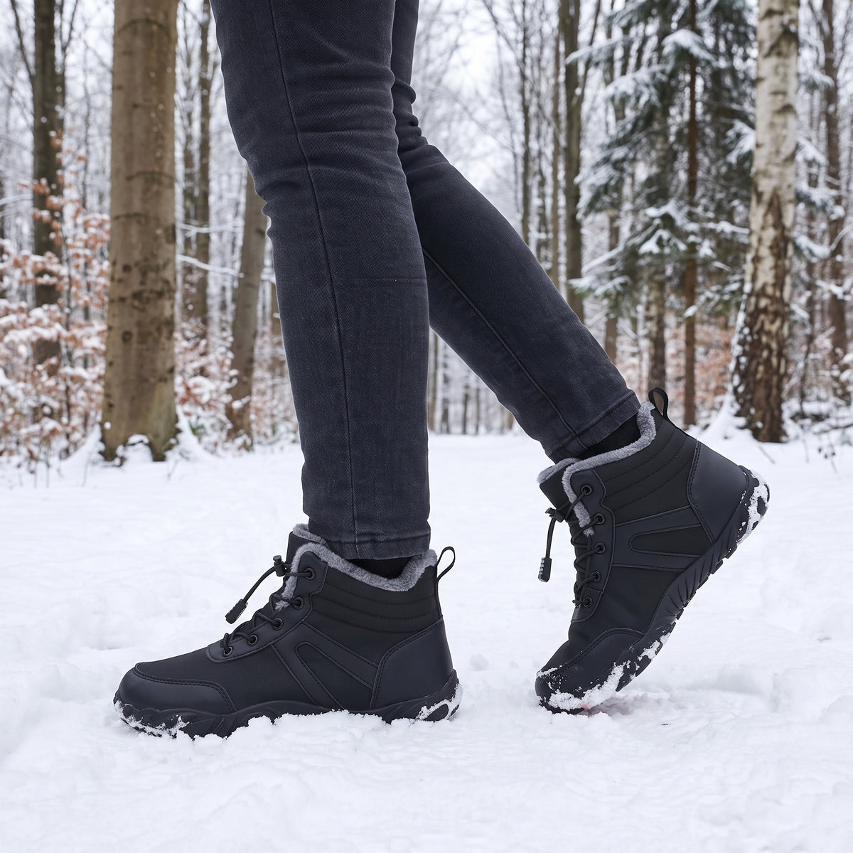 Snowboots dames gevoerd in zwart tijdens een wandeling in het besneeuwde bos