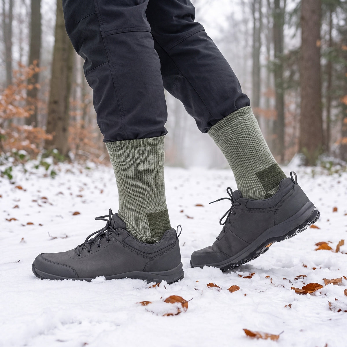 Wollen sokken met 50 % wol tijdens een wandeling over een besneeuwd bospad