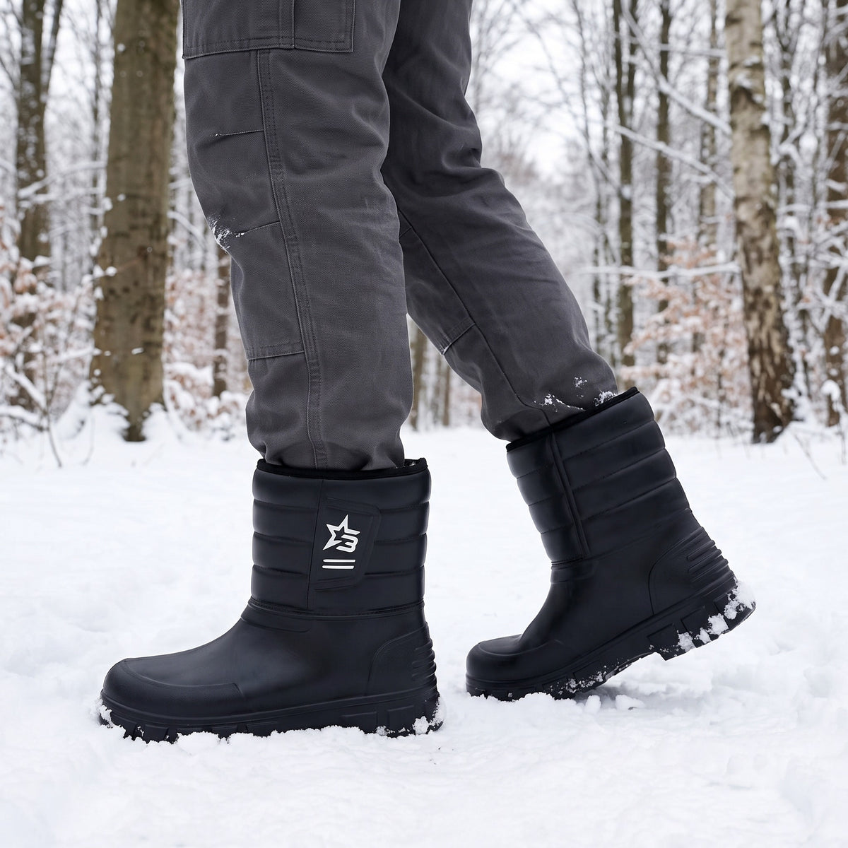 Snowboots heren gevoerd in zwart tijdens een wandeling in het besneeuwde bos