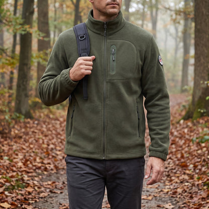 Fleece vest heren in mosgroen, gedragen tijdens een wandeling in het herfstbos