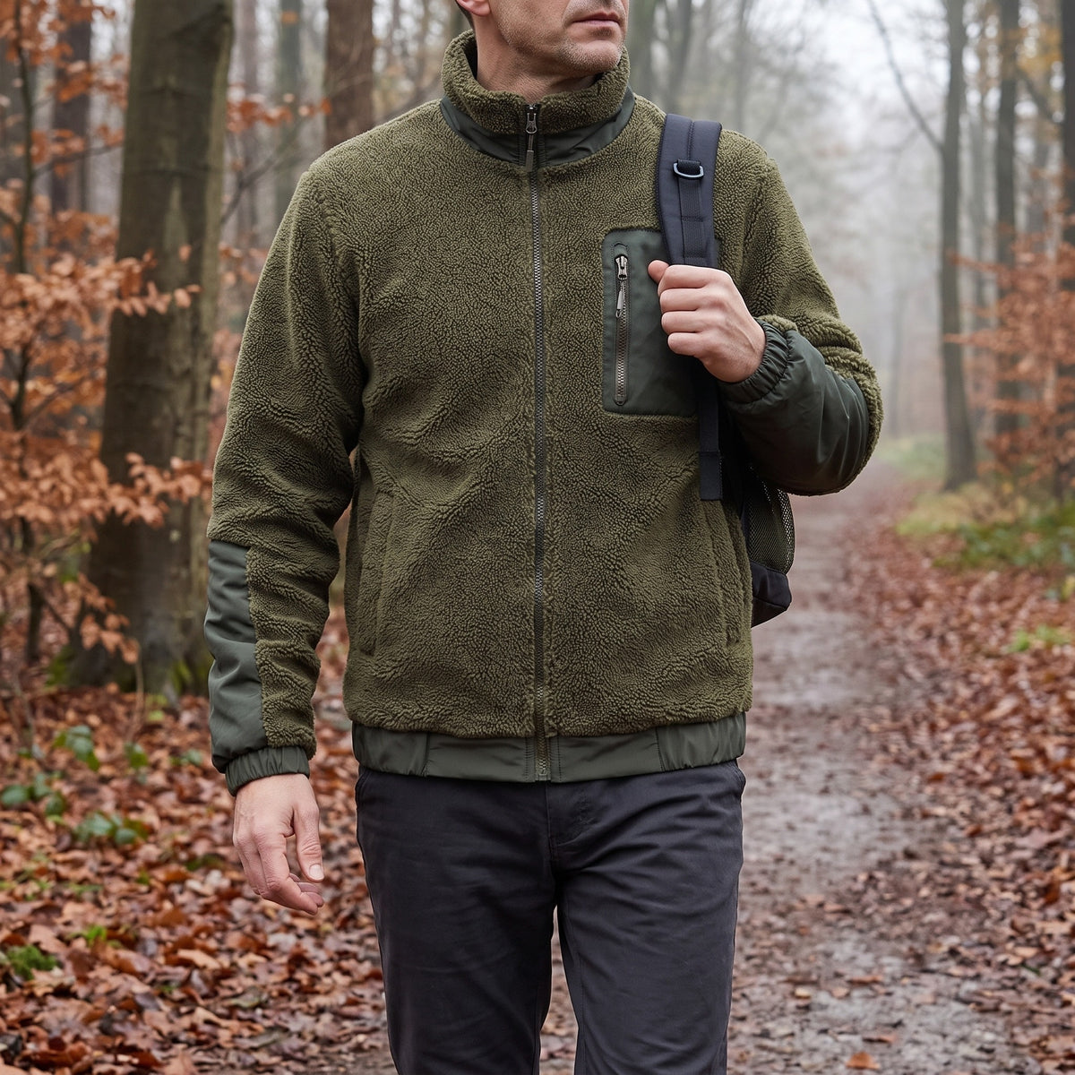 Fleece vest heren van teddy fleece in olijfgroen, gedragen op een herfstig bospad