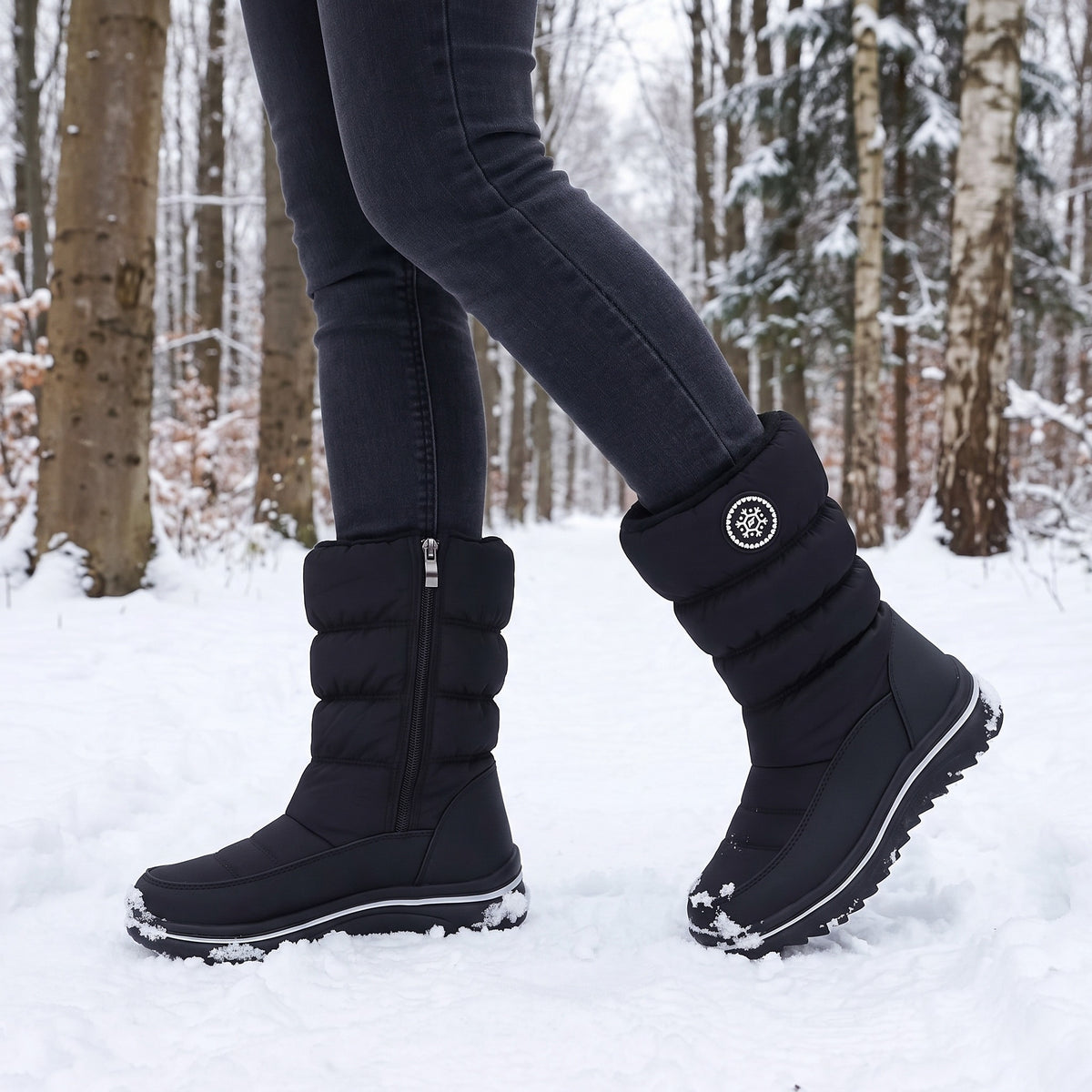 Snowboots dames in zwart tijdens een wandeling door een besneeuwd bos