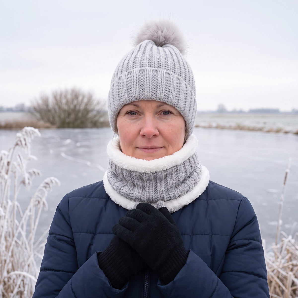 Vrouw met de grijze muts sjaal handschoenen set langs een bevroren plas