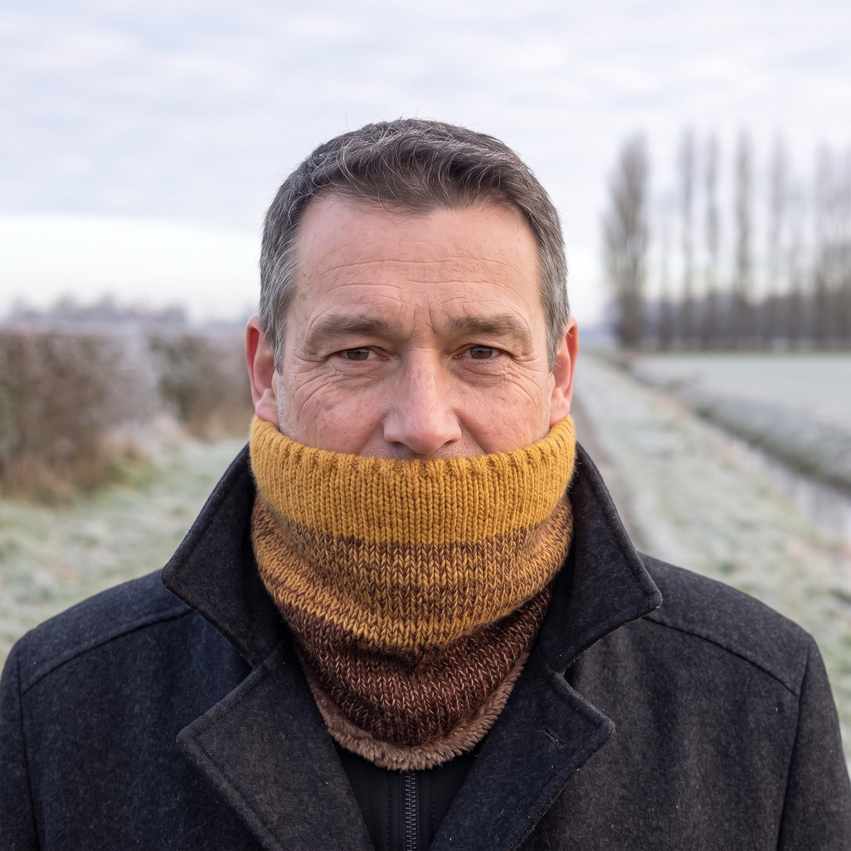 Man met okergele nekwarmer met kleurverloop op een fietspad langs een berijpte akker op een winterochtend