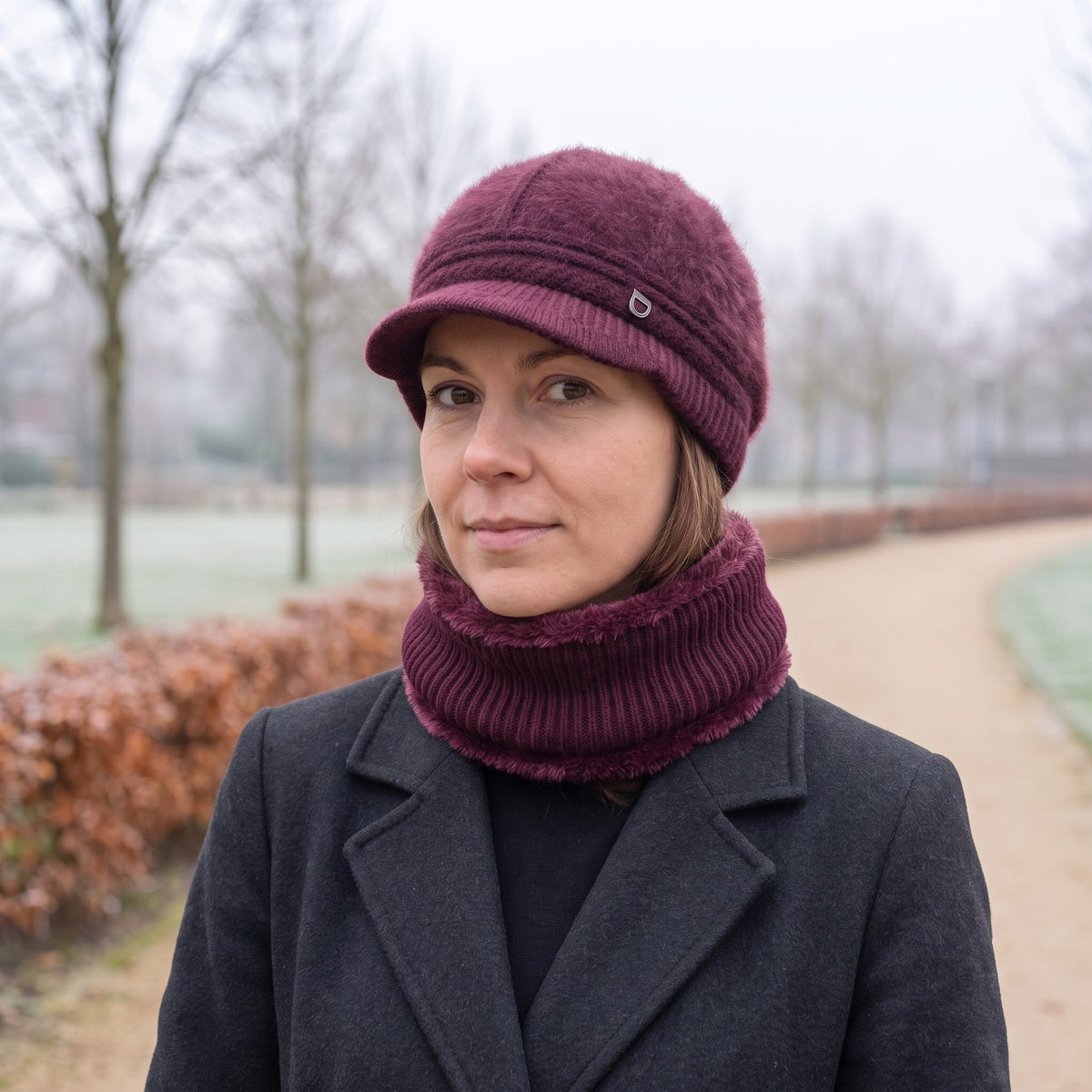 Vrouw met wijnrode muts met klep dames en bijpassende gebreide nekwarmer op een mistig parkpad