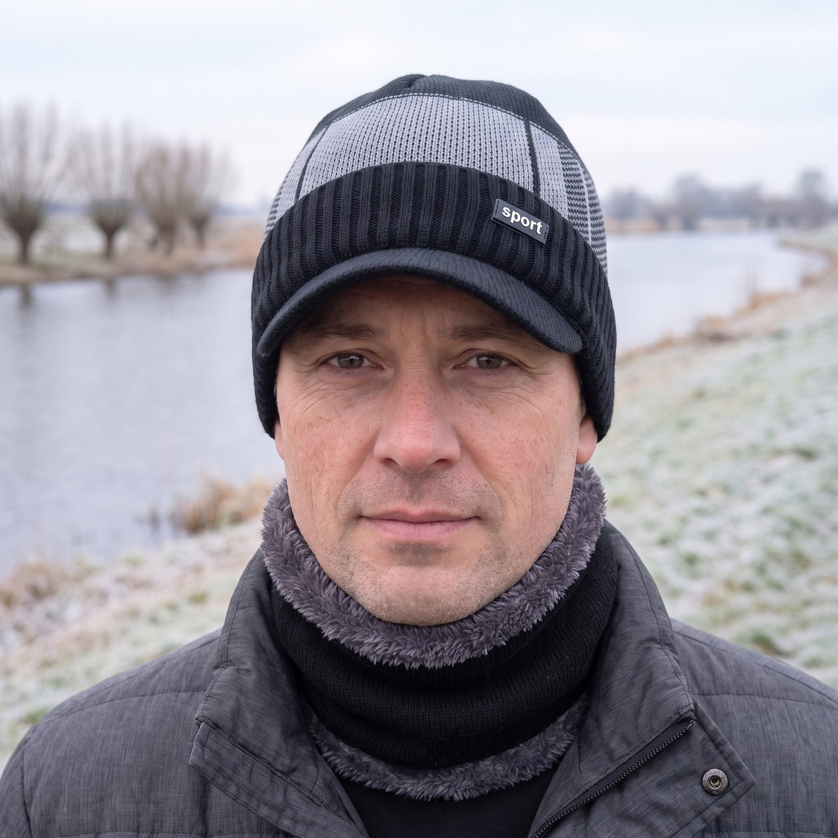 Man draagt zwarte wintermuts heren met klep en gevoerde nekwarmer op een winterse dijk