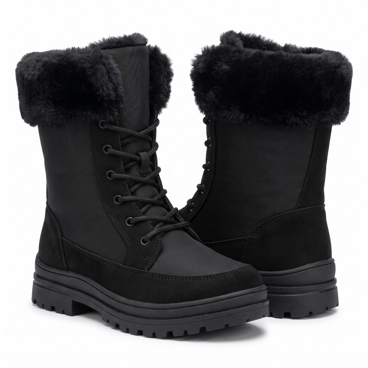 Snowboots dames in zwart – productfoto op wit met pluchen kraag en veters