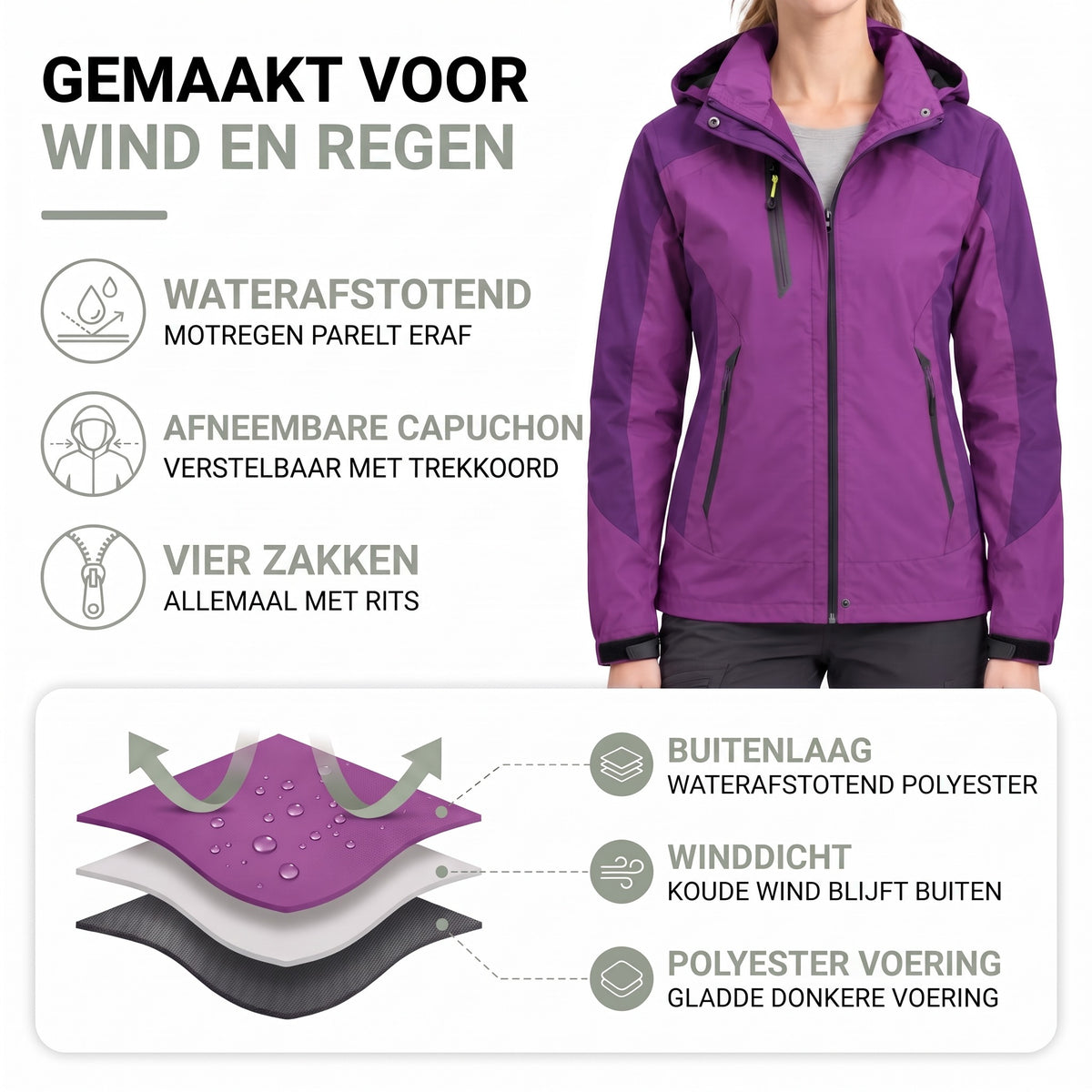 Materiaalopbouw van de tussenjas voor dames: waterafstotend polyester en gladde donkere voering