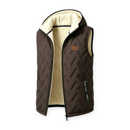 Bodywarmer heren met capuchon in donkerbruin met lichte pluche voering