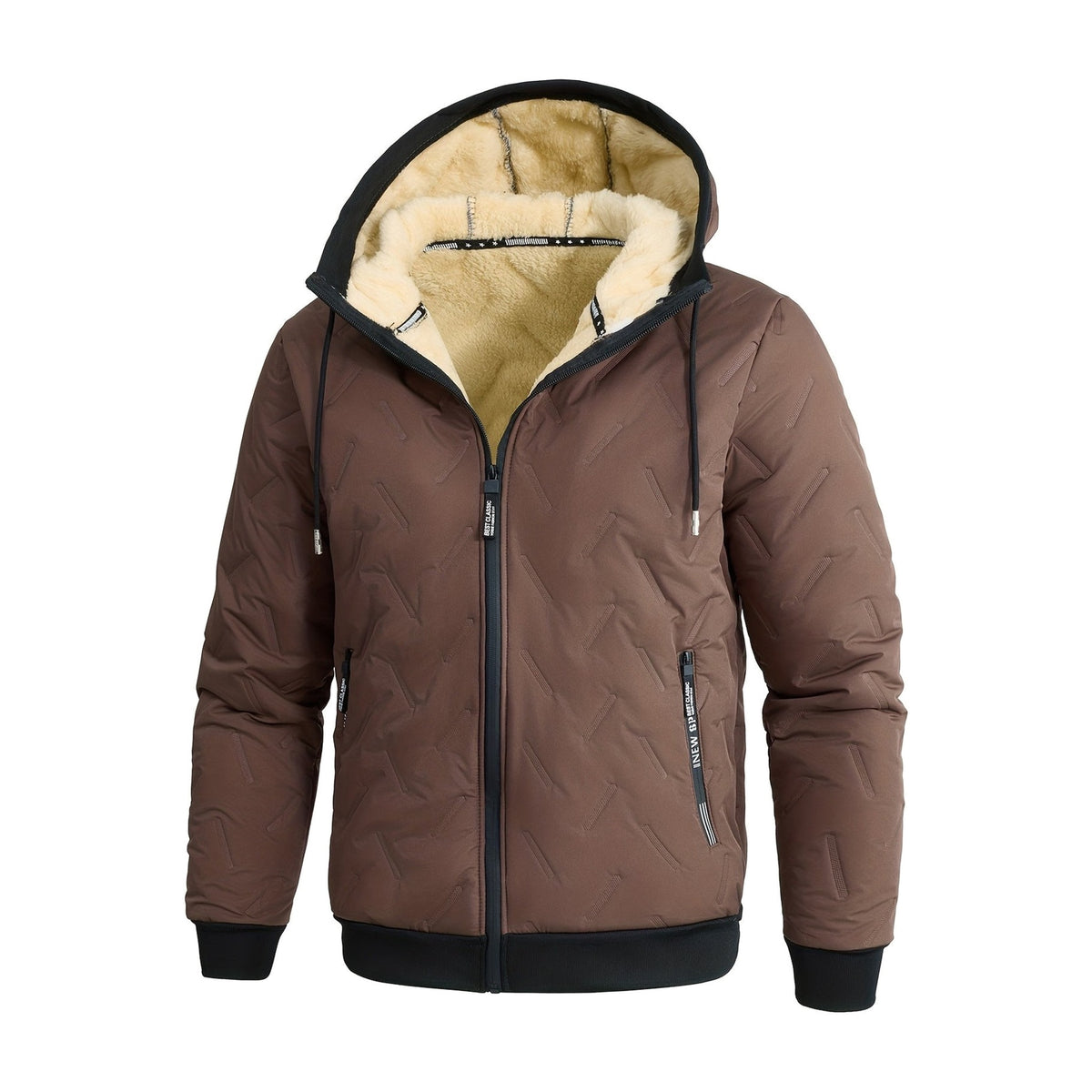 Winterjas heren met capuchon in bruin met lichte pluche voering