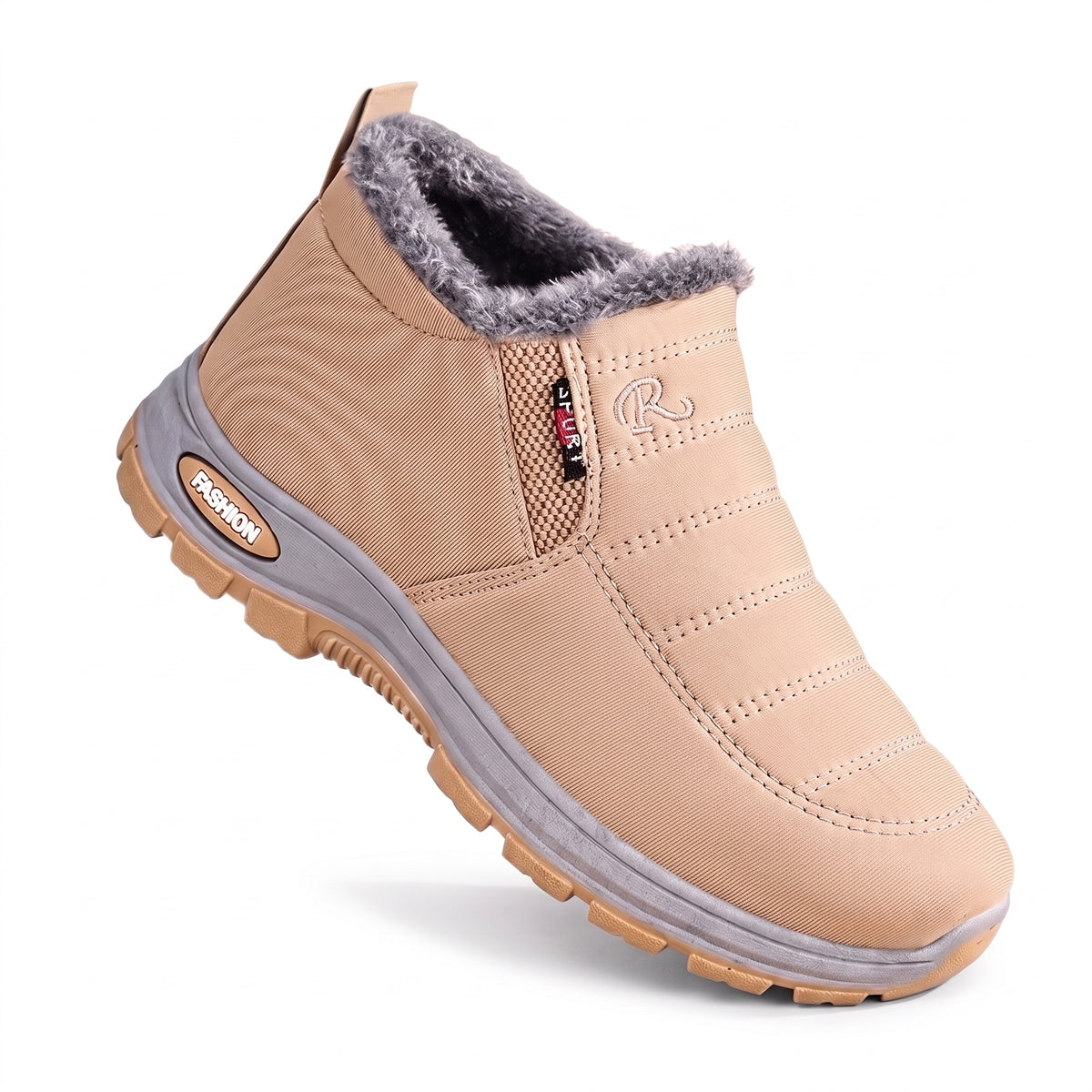 Winterschoenen dames & heren in beige met pluche voering en lichtbruine zool op witte achtergrond