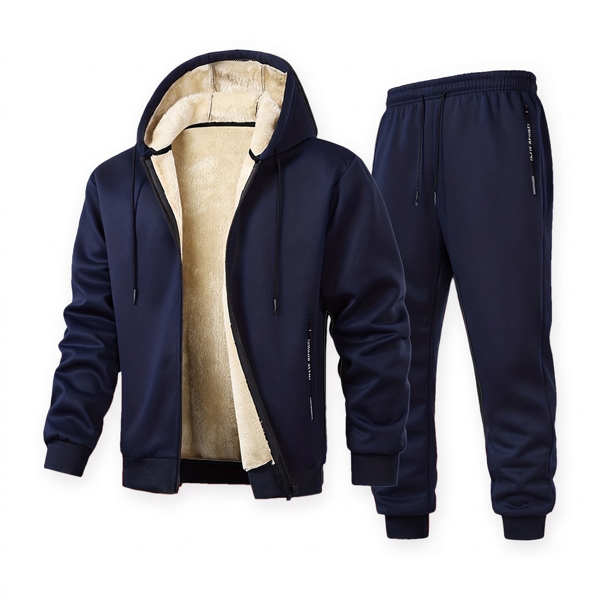 Trainingspak heren in marineblauw met capuchon en zakken met rits
