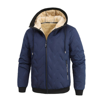 Winterjas heren met capuchon in marineblauw met ribboorden