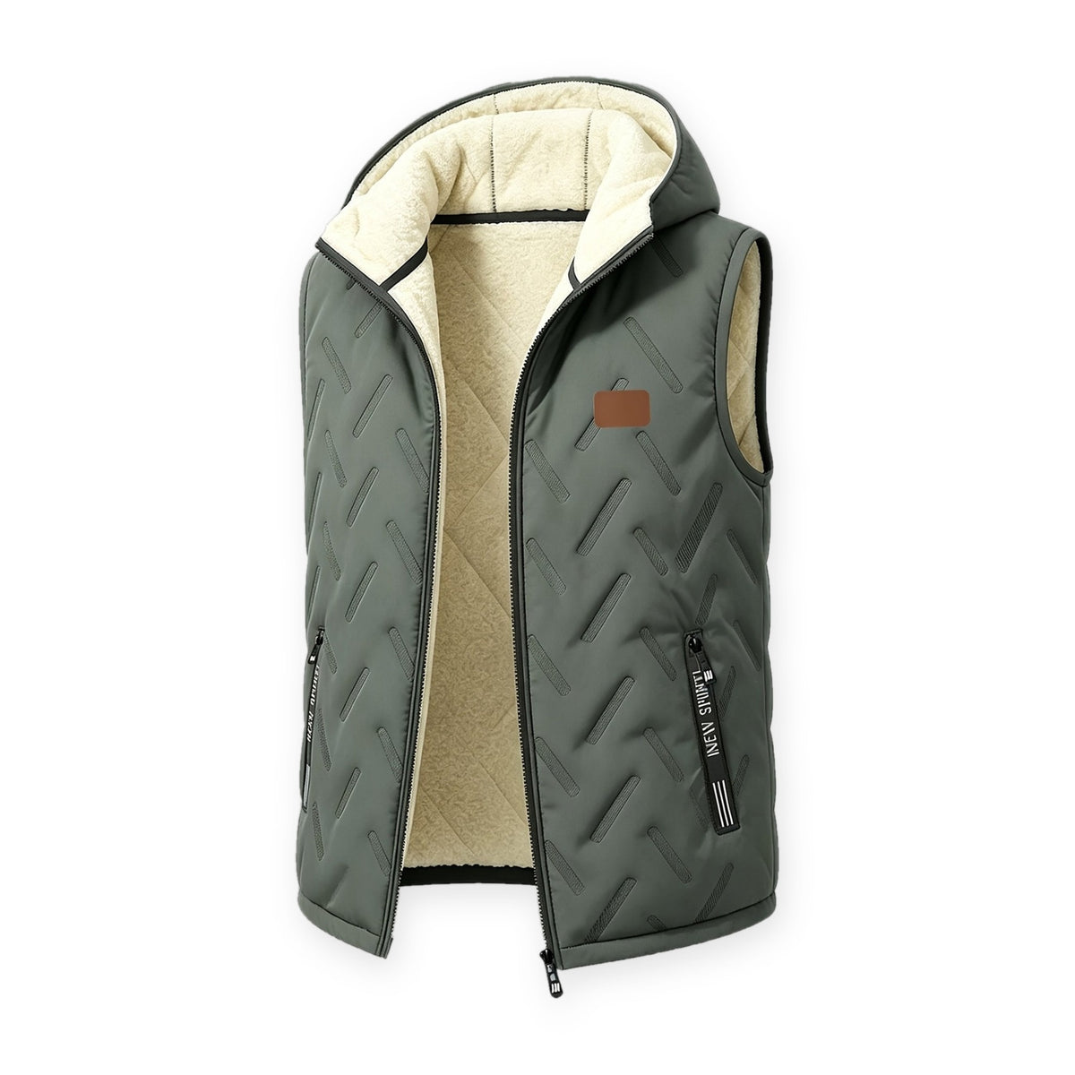 Bodywarmer heren met capuchon in grijsgroen met pluche voering