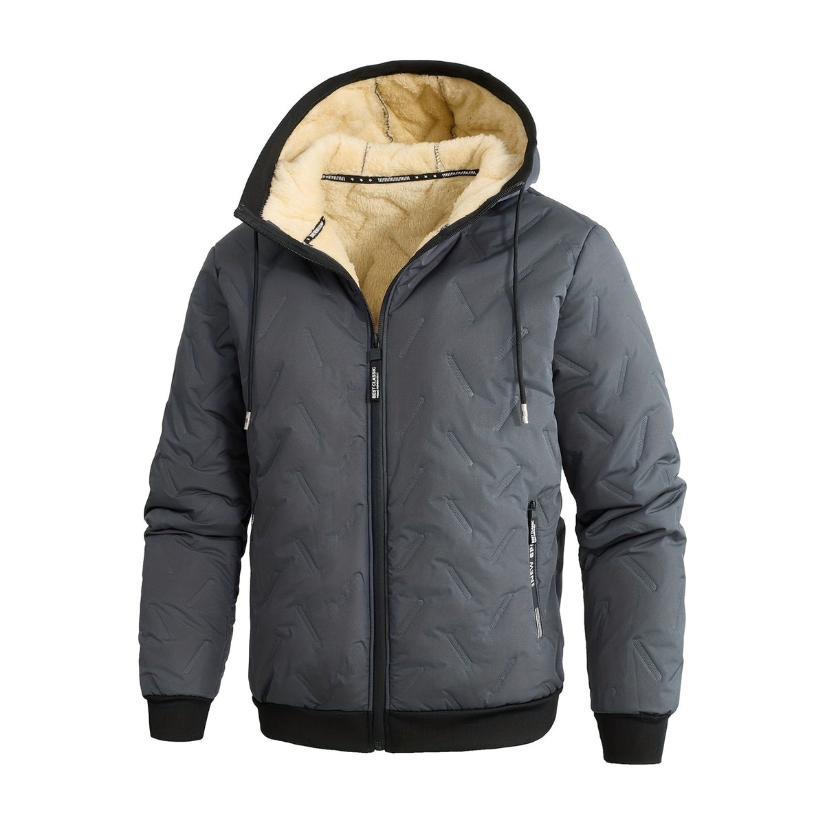 Winterjas heren met capuchon in leigrijs met ritszakken