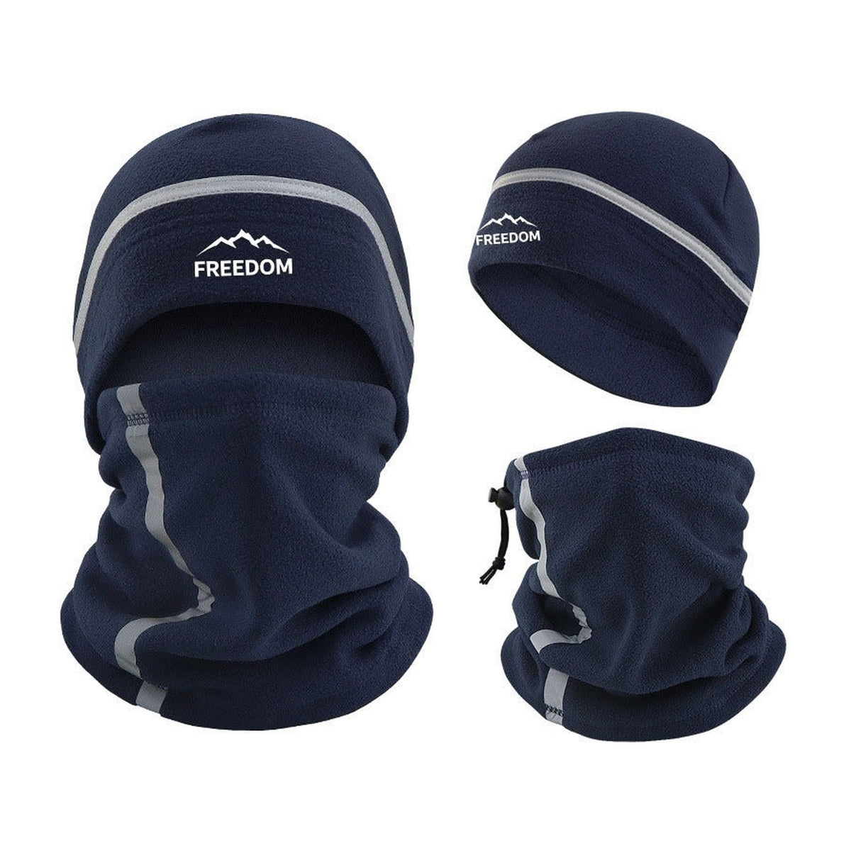 Nekwarmer en muts set in marineblauw met trekkoord aan de nekwarmer