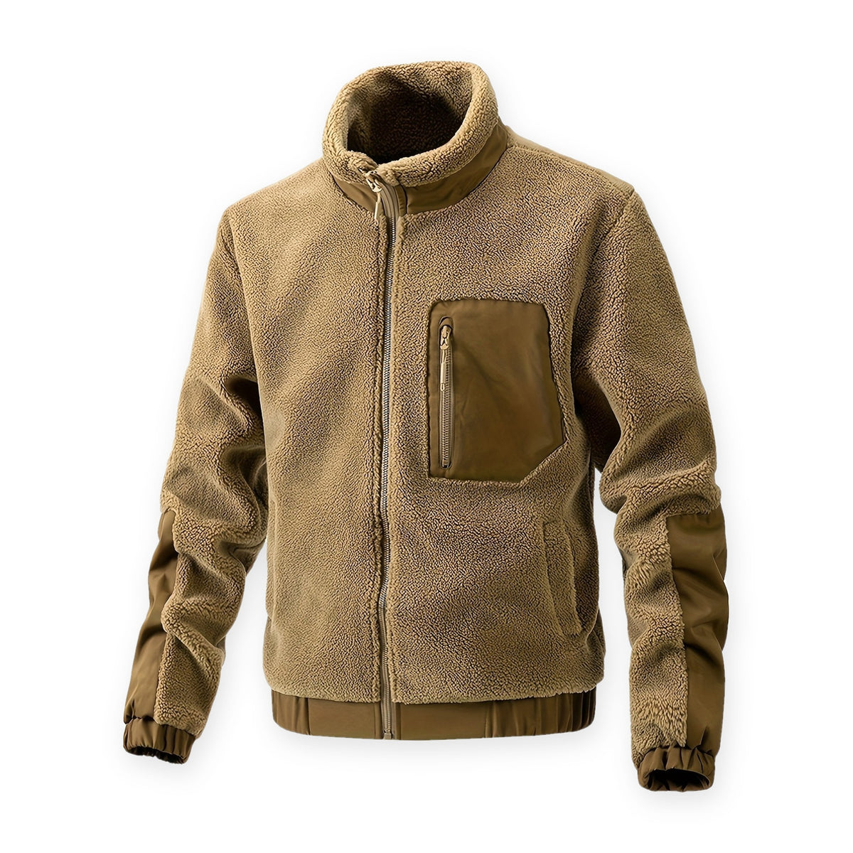Fleece vest heren in camel van teddy fleece met opstaande kraag