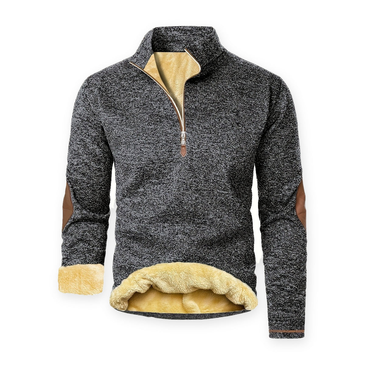 Trui heren in donkergrijs met teddyfleece voering, opstaande kraag en elleboogstukken, op witte achtergrond