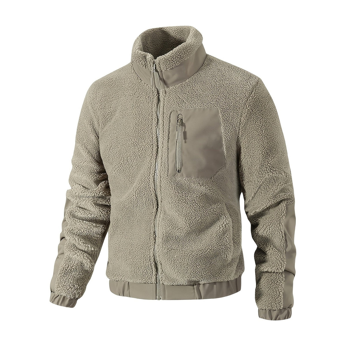 Fleece vest heren in taupe van teddy fleece met opstaande kraag