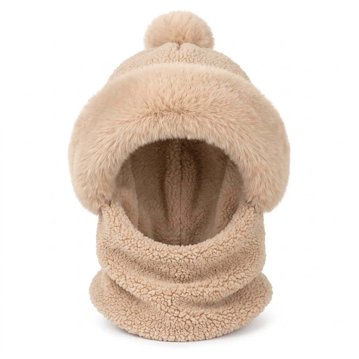 Muts met sjaal dames in beige – wintermuts met pompon en pluche rand, sjaaldeel van teddyfleece, packshot op wit