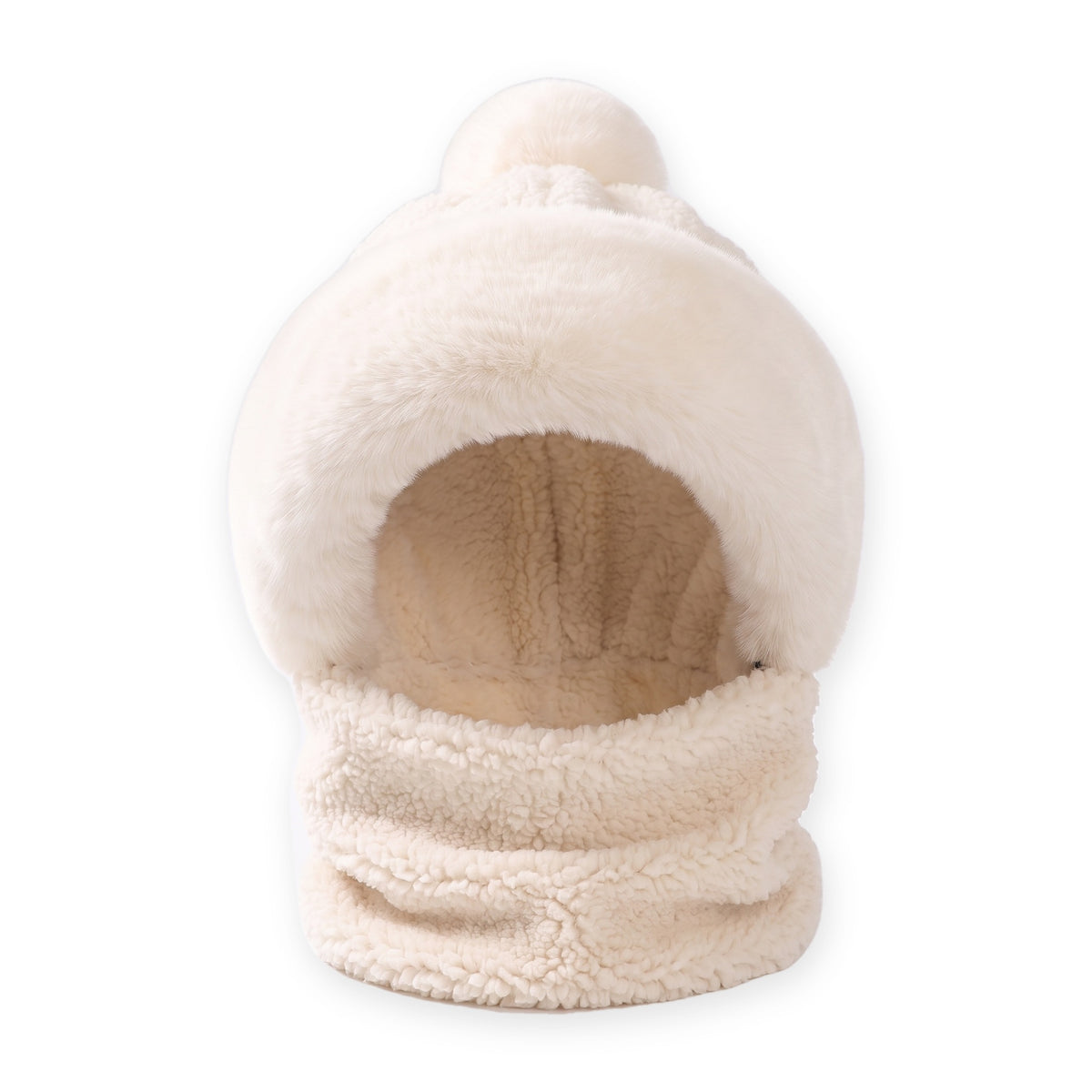 Muts met sjaal dames in wit – teddyfleece met witte pluche rand en pompon